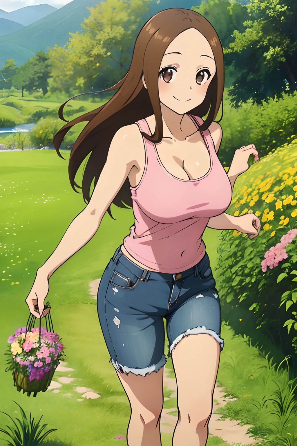 (Realistic),(Photorealistic),Takagi_San, 1girl in, Long hair, Brown hair, Part bangs, Brown eyes,Pink tank top,large full breasts,cleavage of the breast,Light Blue Jeans Shorts,Pink tank top,Black sneakers,Forehead,Smile, Looking at Viewer,masutepiece,Big ass,Full body, Best Quality, (Colorful),volumatic light, Ray tracing,the Extremely Detailed CG Unity 8K Wallpapers,Smile,((flying petal)),(Flowery meadow), Sunny,Sunshine, light, Fantasy, Windy, magic sparks, Trees, lake, mountainscape, ((Flowers)),field,