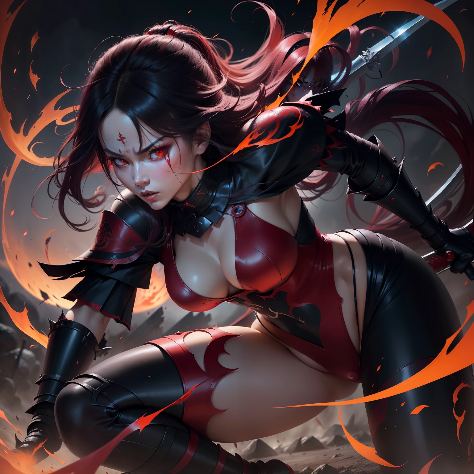 Illustration of a Japan kunoichi fighting with a dagger、A devil that combines creepiness and beauty、Atrocious、cruel、offensive、brutality、ruthless look、Her hair is fluttering in the wind、red eyes、Blue skin、She holds a powerful dagger that glows red、It expresses brutality and martial beauty、Night Battlefield、(Full body:1.5)