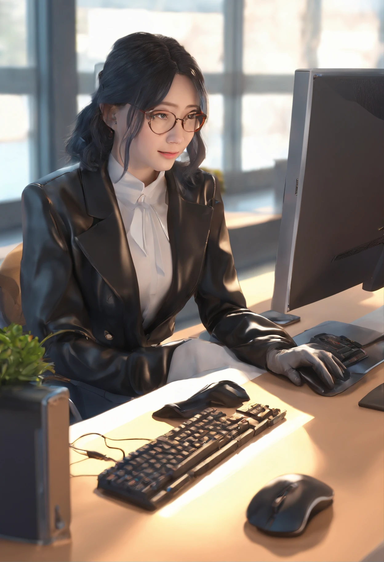 Wearing black leather gloves in both hands, upper body, black business suit, facing the desk in my room with a computer in the dark, looking down and smiling, operating the computer with the fingertips of black leather gloves, black hair bundled at the back for a long time, still young and very cute Japanese female new employee (black leather gloves cover both hands)