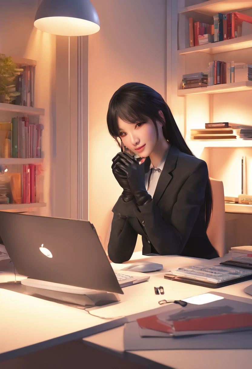 Wearing black leather gloves in both hands, upper body, black business suit, facing the desk in my room with a computer in the dark, looking down and smiling, operating the computer with the fingertips of black leather gloves, black hair bundled at the back for a long time, still young and very cute Japanese female new employee (black leather gloves cover both hands)