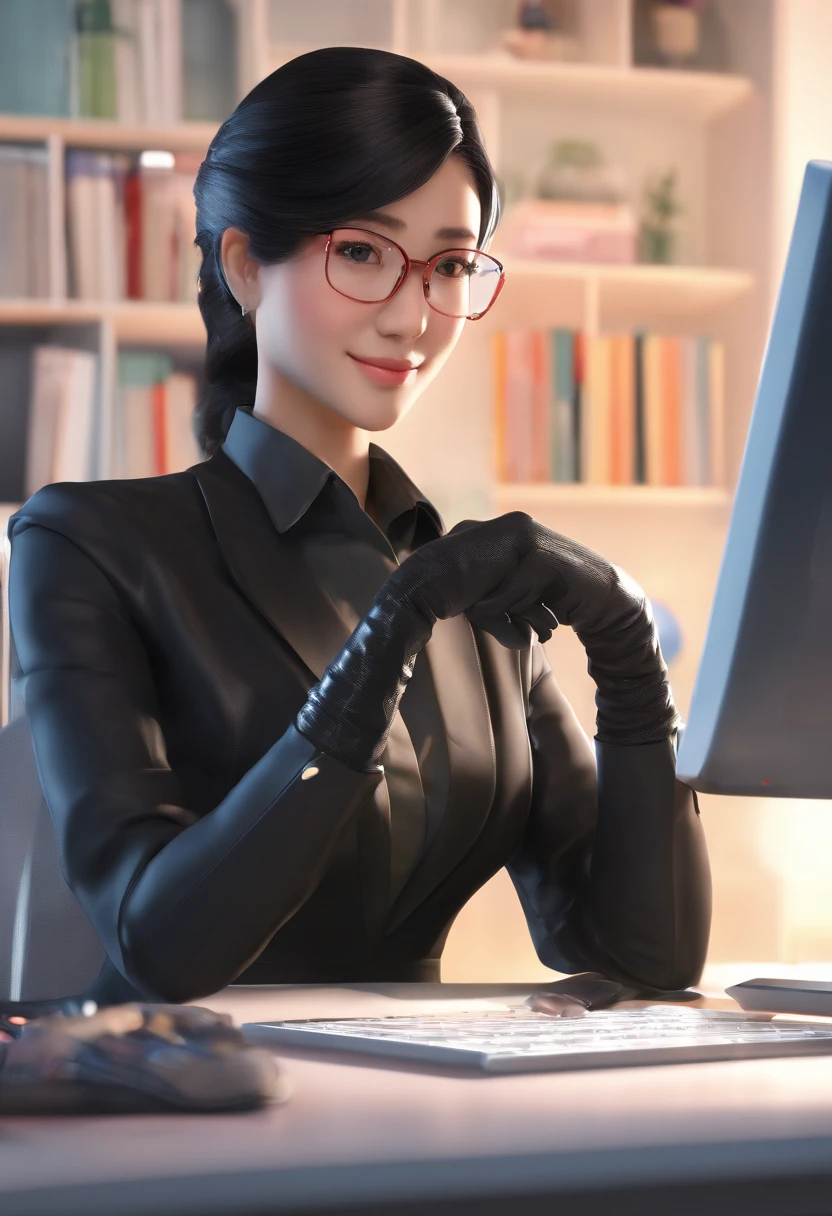 Wearing black leather gloves in both hands, upper body, black business suit, facing the desk in my room with a computer in the dark, looking down and smiling, operating the computer with the fingertips of black leather gloves, black hair bundled at the back for a long time, still young and very cute Japanese female new employee (black leather gloves cover both hands)