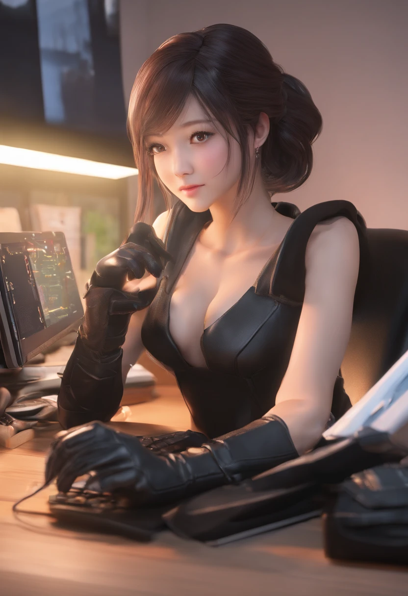 Wearing black leather gloves in both hands, upper body, black business suit, facing the desk in my room with a computer in the dark, looking down and smiling, operating the computer with the fingertips of black leather gloves, black hair bundled at the back for a long time, still young and very cute Japanese female new employee (black leather gloves cover both hands)