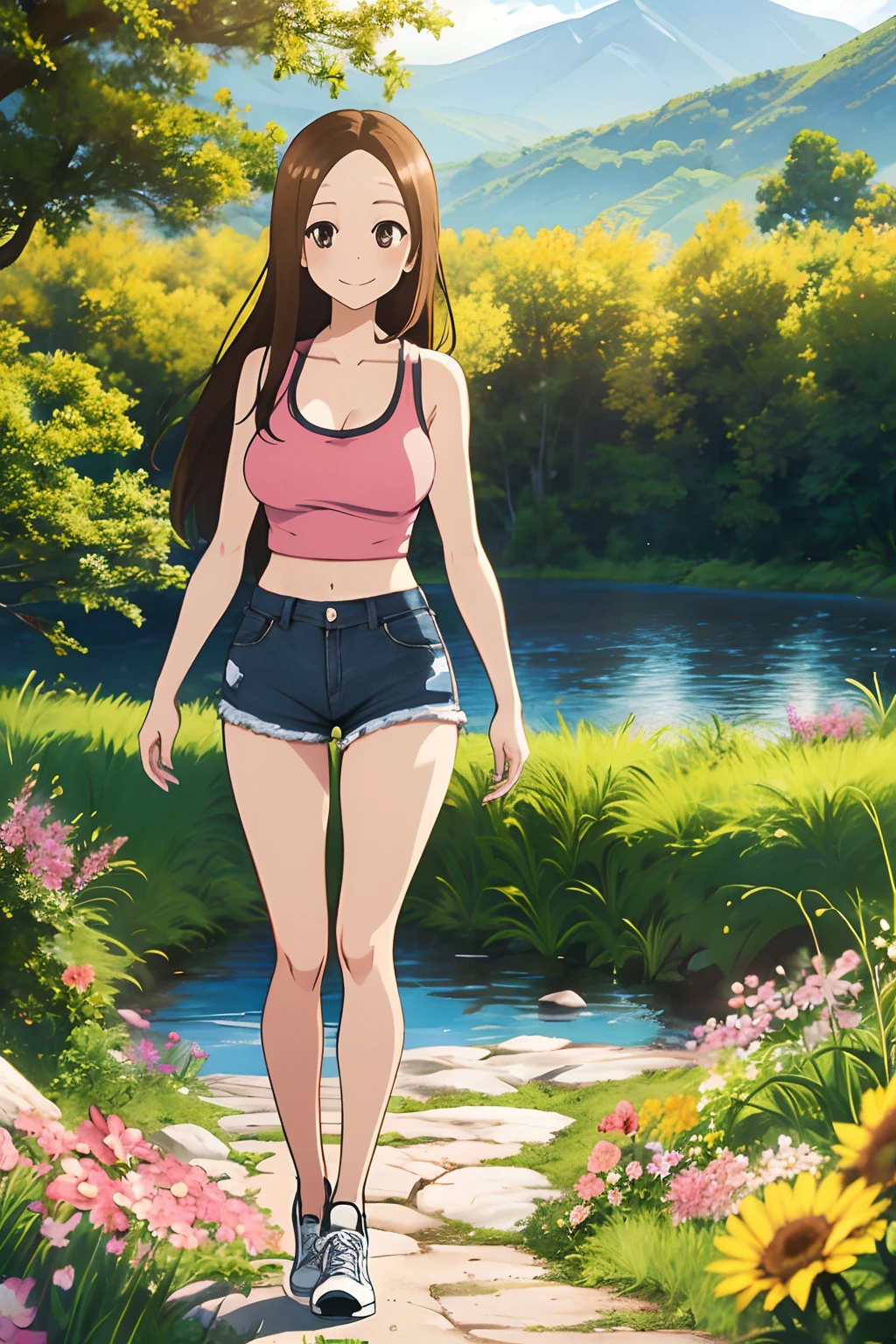 (Realistic),(Photorealistic),Takagi_San, 1girl in, Long hair, Brown hair, Part bangs, Brown eyes,Pink tank top,large full breasts,cleavage of the breast,Light Blue Jeans Shorts,Pink tank top,Black sneakers,Forehead,Smile, Looking at Viewer,masutepiece,Big ass,Full body, Best Quality, (Colorful),volumatic light, Ray tracing,the Extremely Detailed CG Unity 8K Wallpapers,Smile,((flying petal)),(Flowery meadow), Sunny,Sunshine, light, Fantasy, Windy, magic sparks, Trees, lake, mountainscape, ((Flowers)),field,