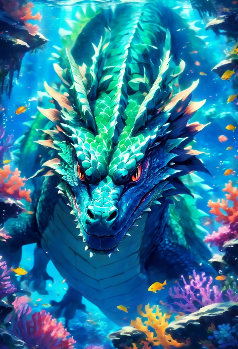 a big water dragon underwater, majestic colors, surrounded by corals