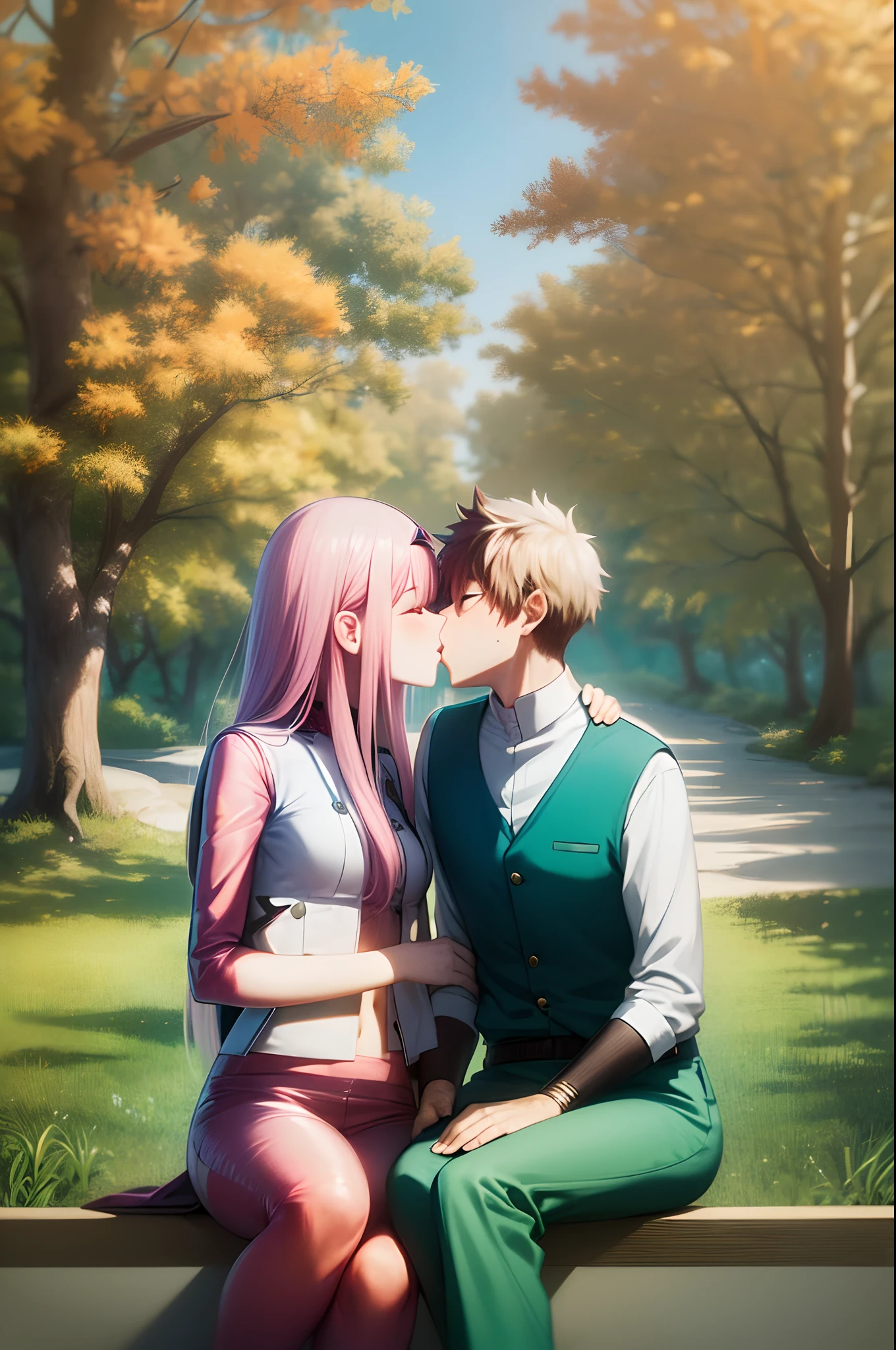 zero two, 1girl, zero two naked_shirt,vest_print:, izuku from bnha, izuku and zero two being a lovey dovey couple very affective in a beach, izuku with pants and pullover, love , happy, ,1girl,, ,sitting, standing, french kiss, kissing, 1boy, couple, husband and wife