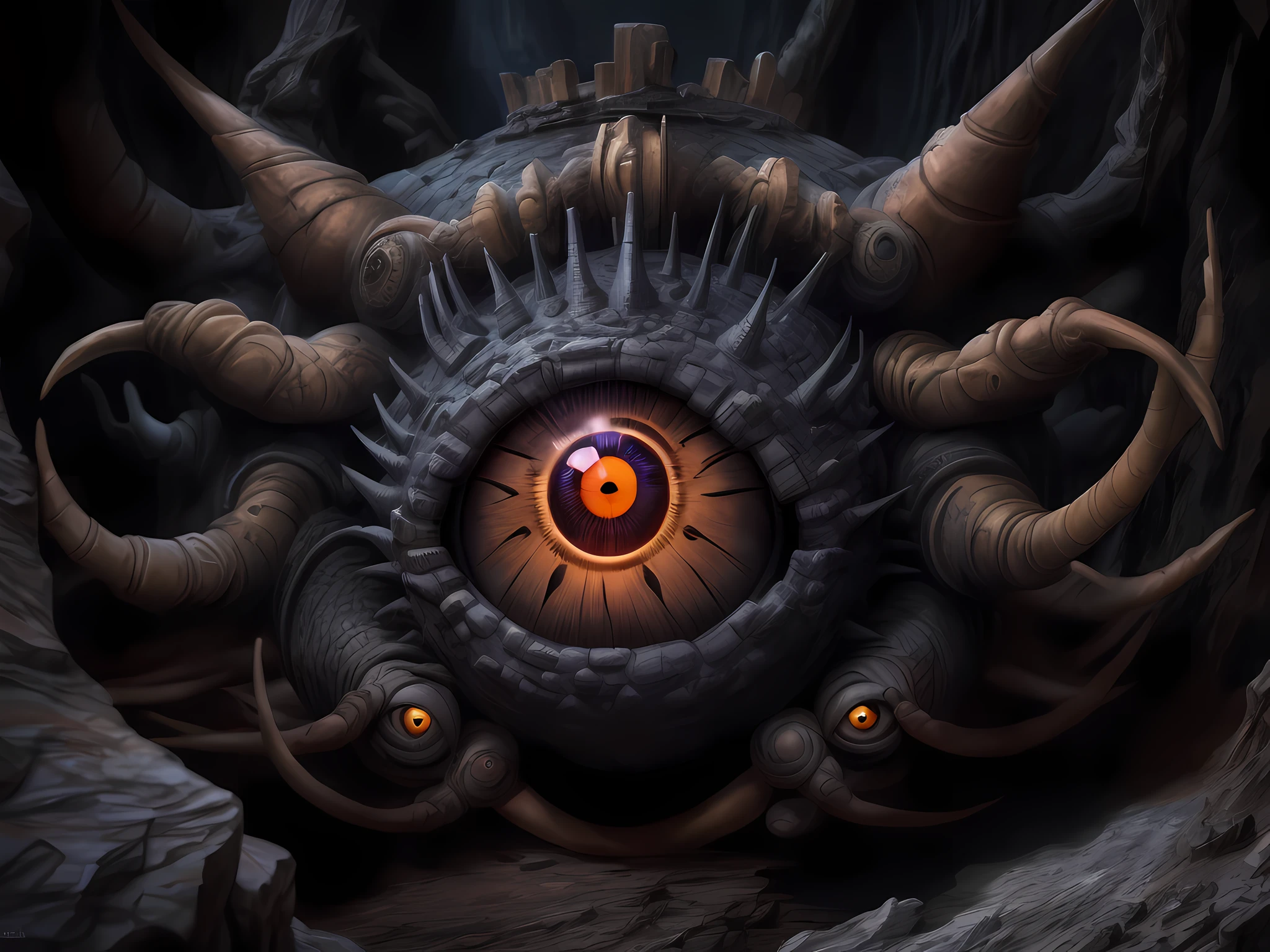 a picture of a dark beholder in a dark cave (best details, Masterpiece, best quality :1.5),  an epic evil beholder (best details, Masterpiece, best quality :1.5) extremely detailed beholder, 7 different eyes in dynamic colors (best details, Masterpiece, best quality :1.5) , one central big yellow eye, detailed face,  torch light (best details, Masterpiece, best quality :1.5), sense of dread, sense of awe majestic atmosphere, ultra best realistic, best details, best quality, 16k, [ultra detailed], masterpiece, best quality, (extremely detailed), ultra wide shot, photorealism, depth of field, hyper realistic painting,