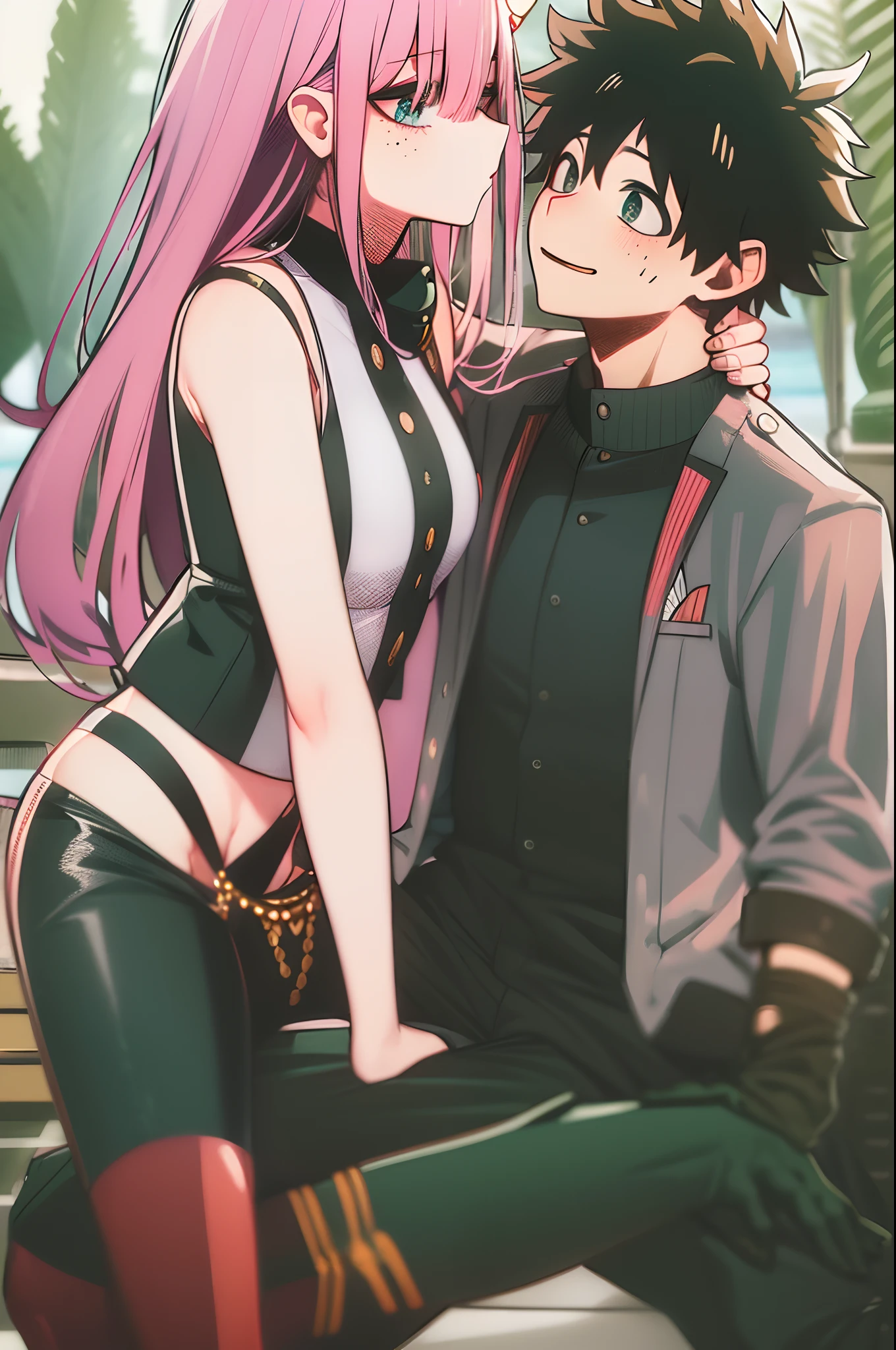 zero two, 1girl, zero two naked_shirt,vest_print:, izuku from bnha, izuku and zero two being a lovey dovey couple very affective in a beach, izuku with pants and pullover, love , happy, ,1girl,, ,sitting, standing, french kiss, kissing, 1boy, couple, husband and wife