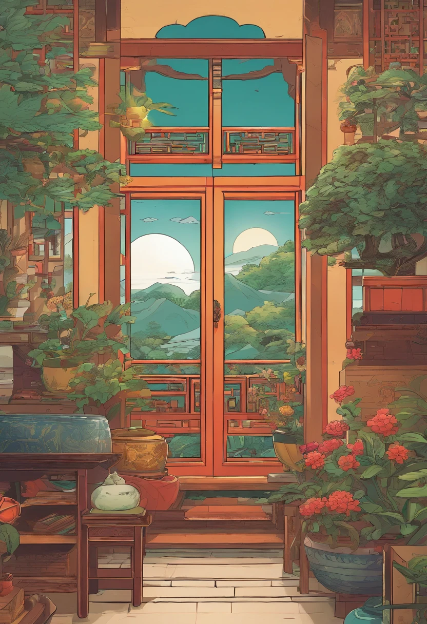 The beauty of China in the Song Dynasty,desks,catss,Computer,big window,lots of plants,There is a moon at night