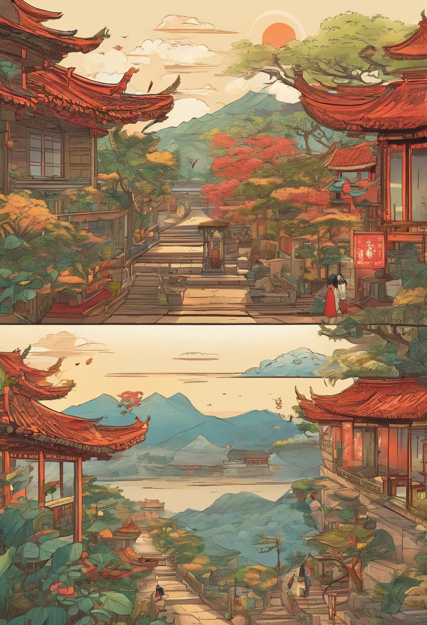 The beauty of China in the Song Dynasty,desks,catss,Computer,big window,lots of plants,There is a moon at night