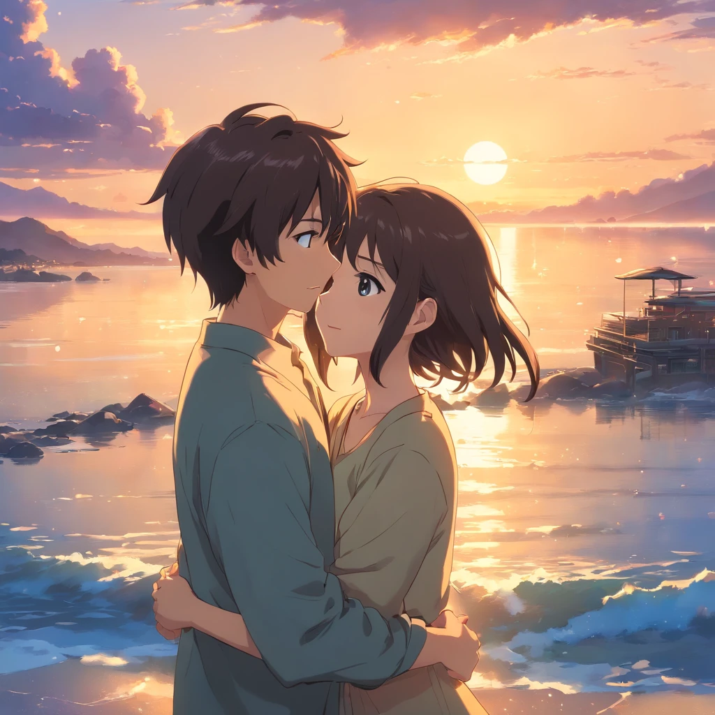 "Capture uma obra-prima com a melhor qualidade, assemelhando-se a um filme ainda de um casal. The couple consists of a brown boy and a white girl with black hair, they're looking at each one, , depicted as a cloud-like entity floating in the sky. A foto deve ser um close-up com brilho, happy expressions illuminated by soft, warm lighting. The scenery should present a captivating sunset. Add sparks to enhance the magical atmosphere (peso: 0.7)."