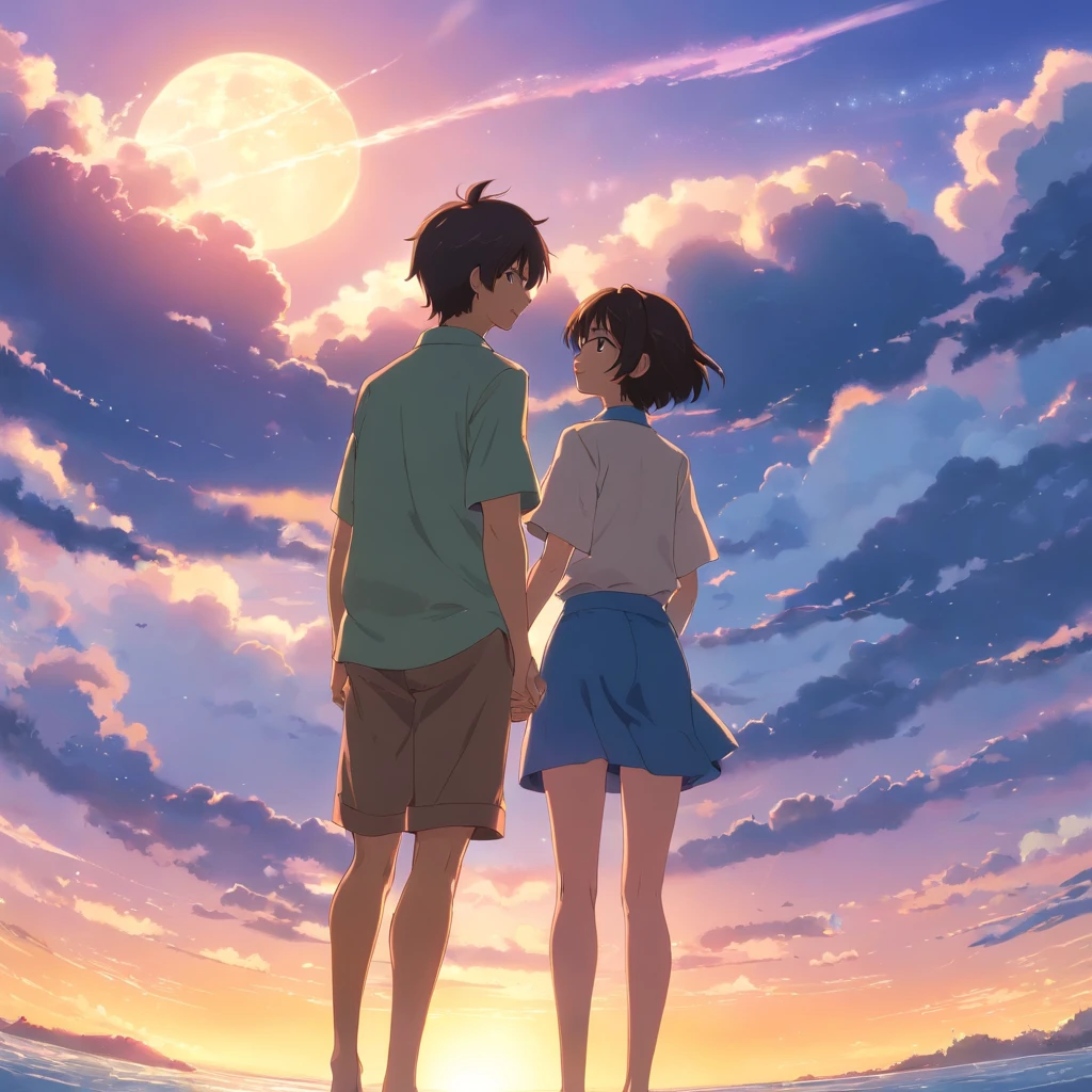 "Capture uma obra-prima com a melhor qualidade, assemelhando-se a um filme ainda de um casal. The couple consists of a brown boy and a white girl with black hair, they're looking at each one, , depicted as a cloud-like entity floating in the sky. A foto deve ser um close-up com brilho, happy expressions illuminated by soft, warm lighting. The scenery should present a captivating sunset. Add sparks to enhance the magical atmosphere (peso: 0.7)."