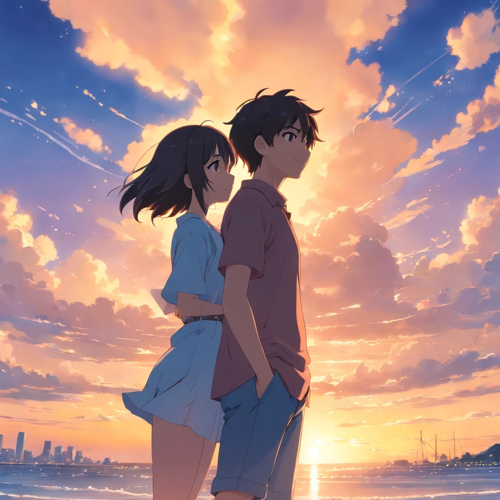 "Capture uma obra-prima com a melhor qualidade, assemelhando-se a um filme ainda de um casal. The couple consists of a brown boy and a white girl with black hair, they're looking at each one, , depicted as a cloud-like entity floating in the sky. A foto deve ser um close-up com brilho, happy expressions illuminated by soft, warm lighting. The scenery should present a captivating sunset. Add sparks to enhance the magical atmosphere (peso: 0.7)."