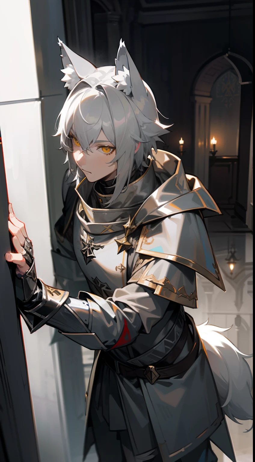 1boy,solo,gray hair,yellow eyes,((templar silver knight outfit)), wolf ears,(((wolf tail))), neutral face, masterpiece, HD, 4k,face detailed,standing in a room in night