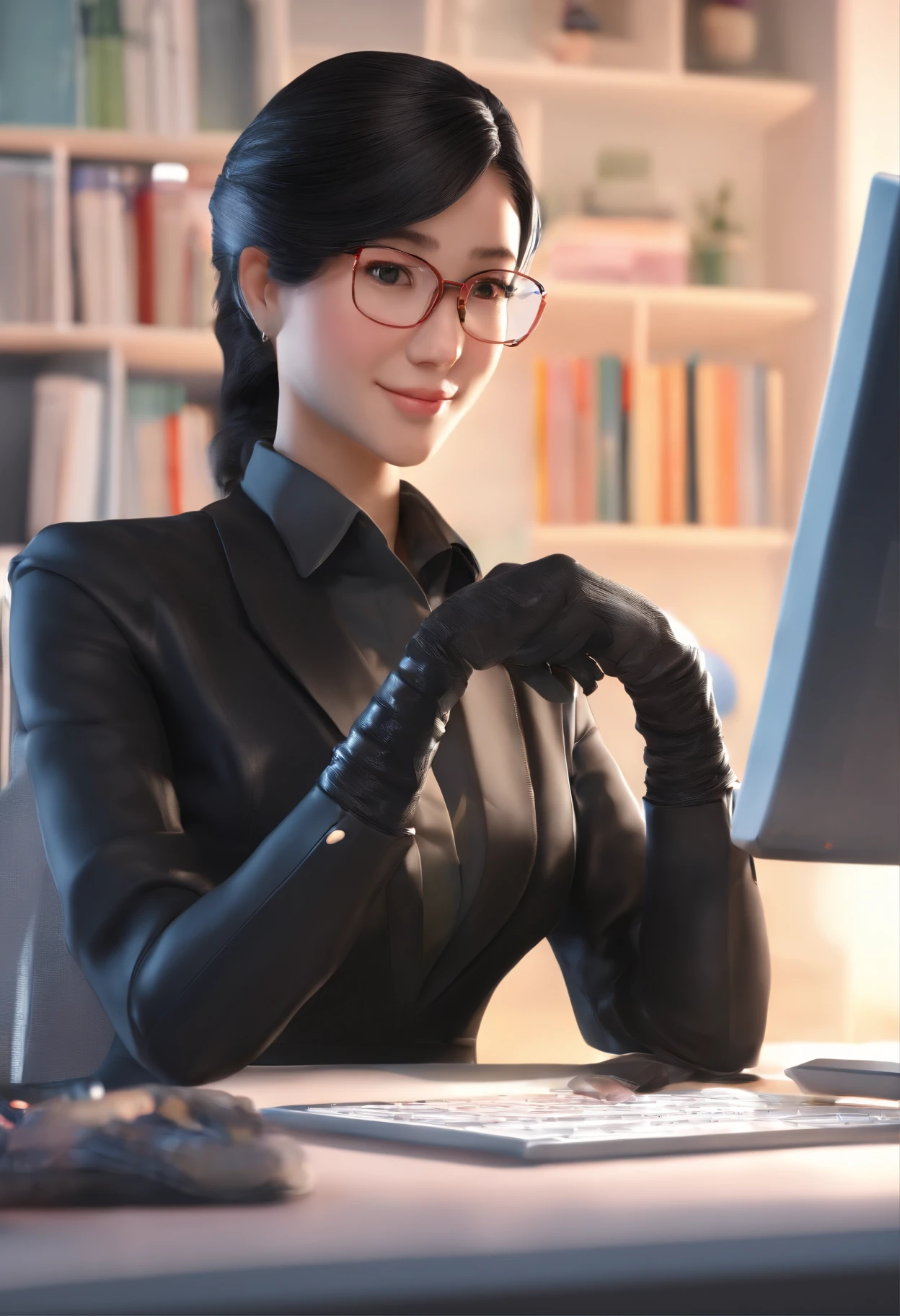 Wearing black leather gloves in both hands, upper body, black business suit, facing the desk in my room with a computer in the dark, looking down and smiling, operating the computer with the fingertips of black leather gloves, black hair bundled at the back for a long time, still young and very cute Japanese female new employee (black leather gloves cover both hands)