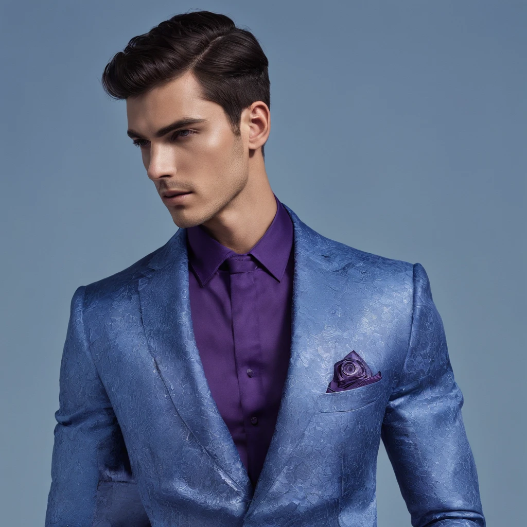 Homem musculoso, orelhas pontudas, olhos azuis, cabelos brancos longos, roupas justas azuis escura, pele purpura