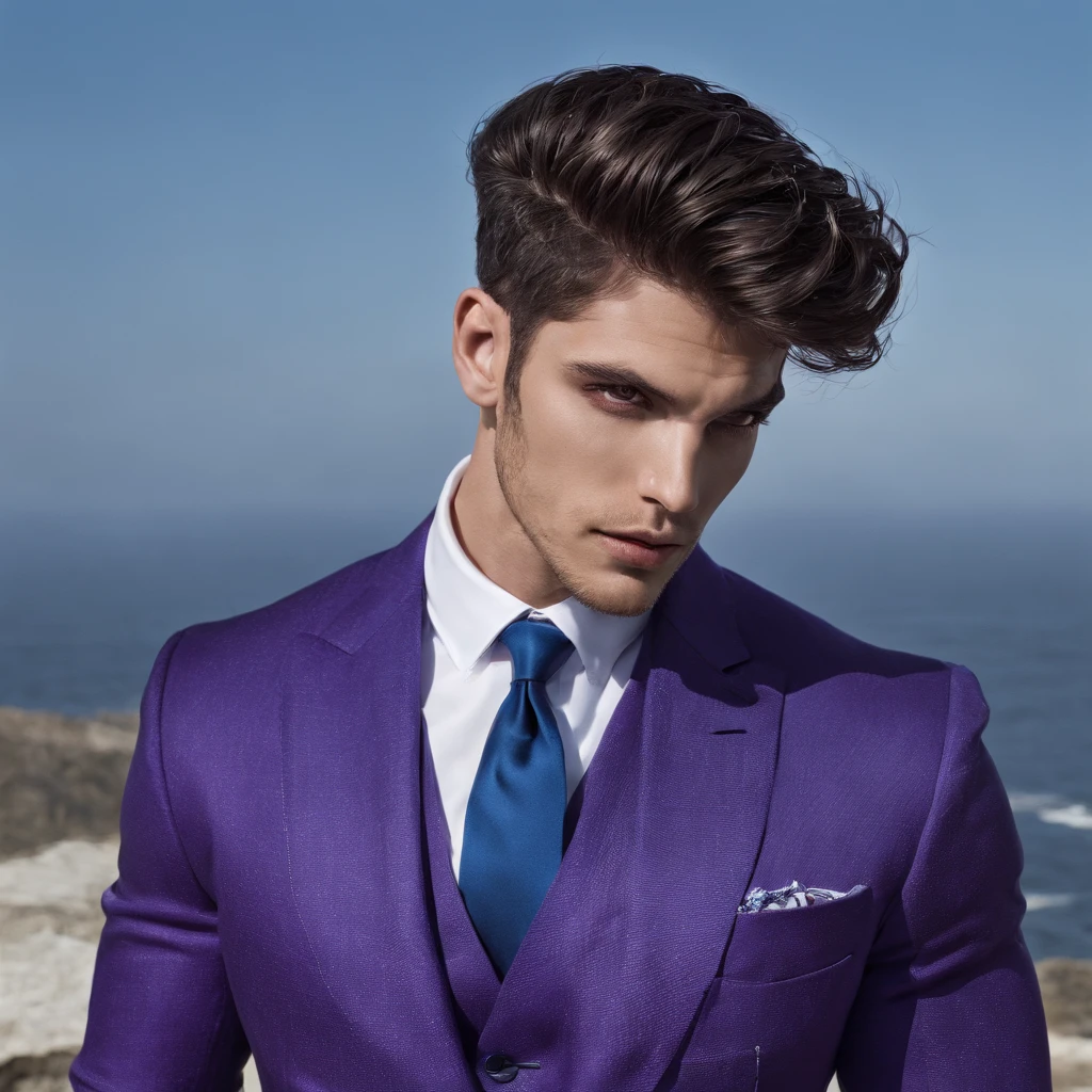 Homem musculoso, orelhas pontudas, olhos azuis, cabelos brancos longos, roupas justas azuis escura, pele purpura