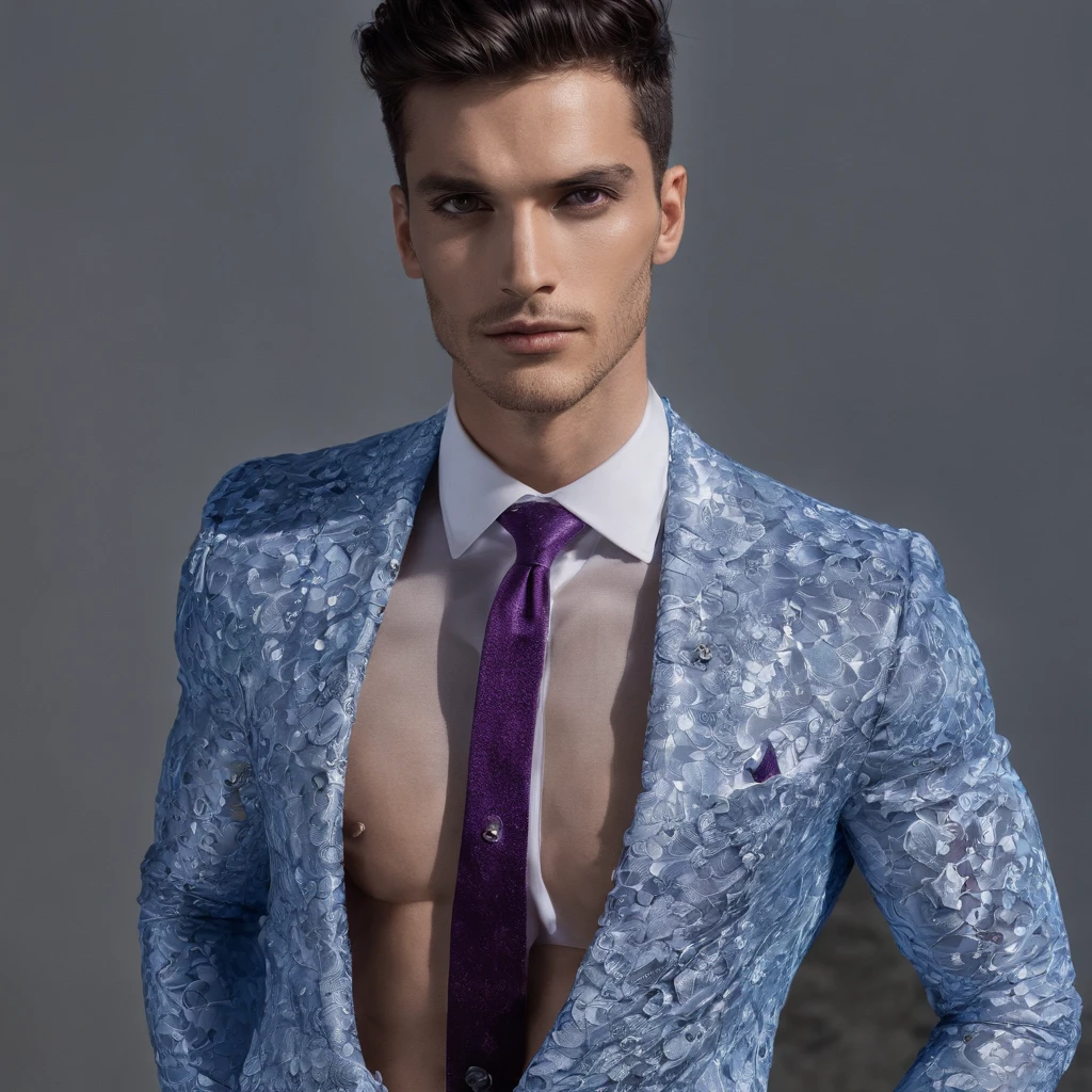 Homem musculoso, orelhas pontudas, olhos azuis, cabelos brancos longos, roupas justas azuis escura, pele purpura