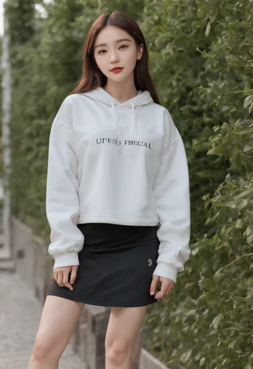 one-girl，Stylish sweatshirt, Windbreaker long skirt，Poster on the front，The color of the clothes is bright and simple，Cute, Very aesthetic，Realistic style anime，ssmile，self-assured，Put your hands in your pockets，tmasterpiece，ultraclear，8K，HighestQuali，