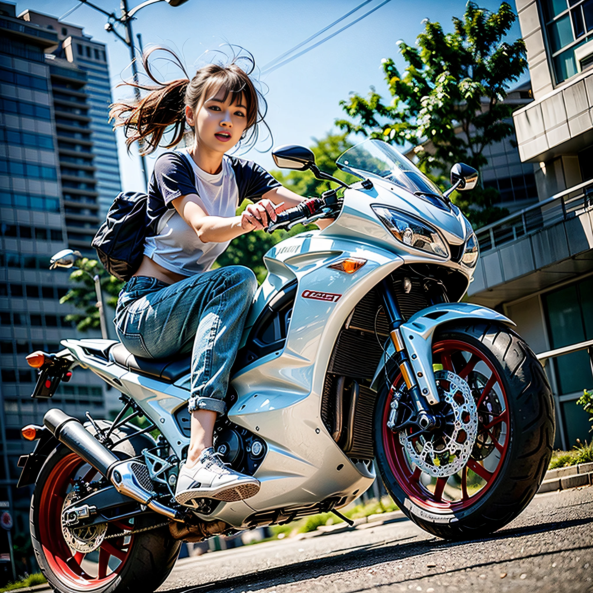 (Best Quality), Masterpiece, Ultra-high-resolution photos,1 Cute Girl, Big motorcycle ride, a white T-shirt, Ripped jeans, White sneakers, Motorcycles driving through the city at high speed (Speeding), (slow motion: 1.3), (motion blur: 1.3), (Speed Line: 1.4), sense of speed,