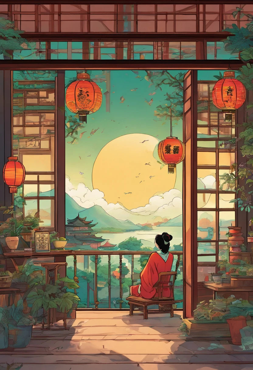 The beauty of China in the Song Dynasty,desks,catss,Computer,big window,lots of plants,There is a moon at night