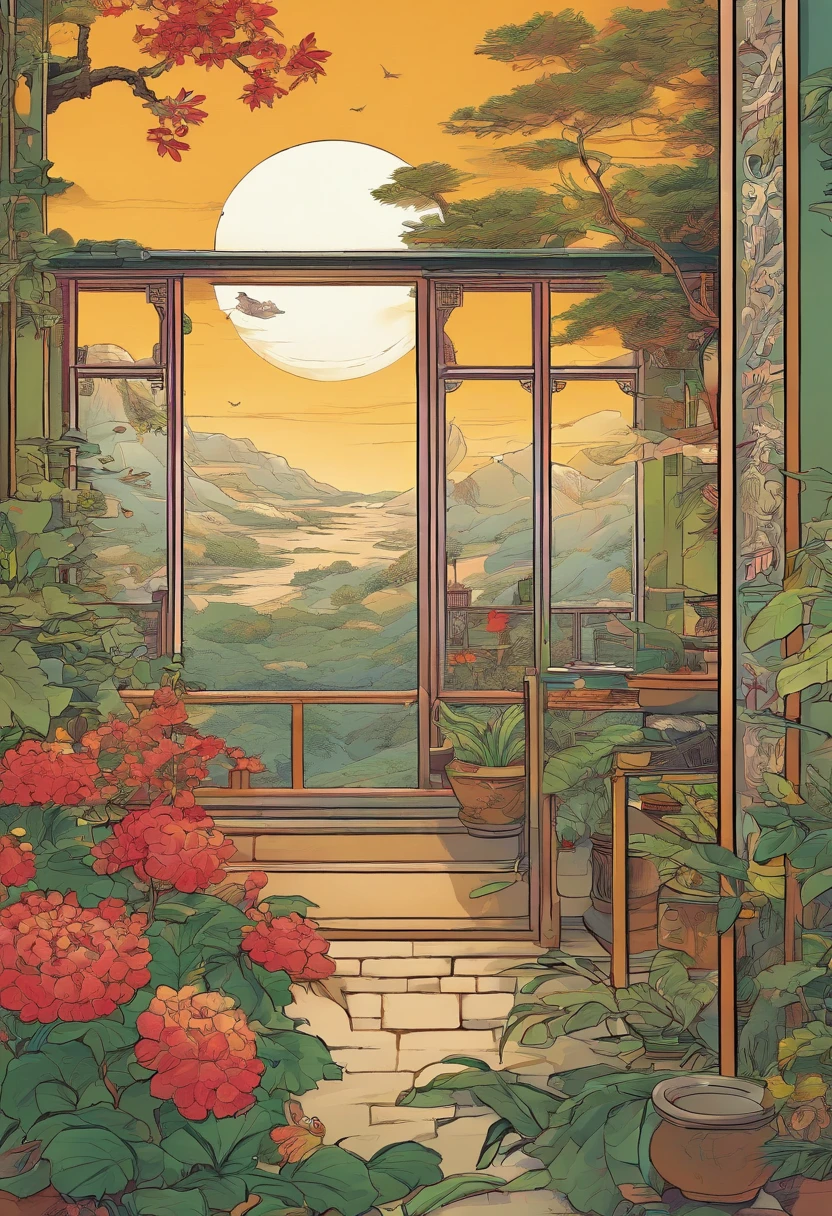 The beauty of China in the Song Dynasty,desks,catss,Computer,big window,lots of plants,There is a moon at night