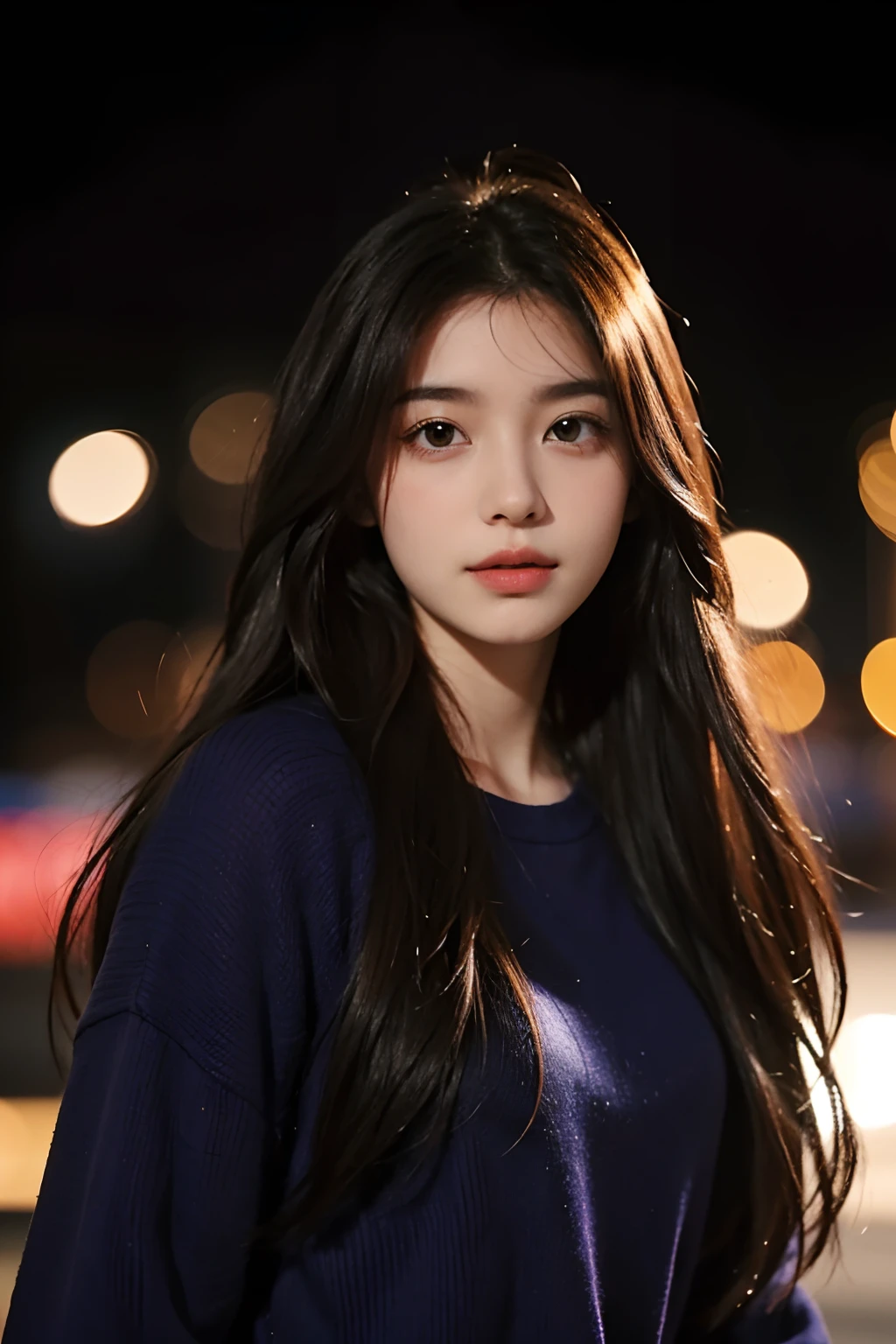 Girl wearing, luxury navy blue coat, shoulder length hair, wavy hair, glowing skin, star in eye, red lips, grey  background, cute poses 