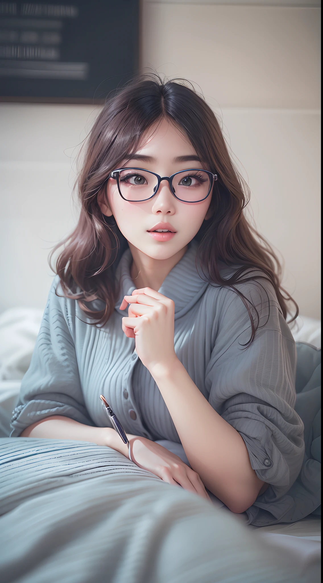 (Best-quality, Masterpiece, Ultra-High-Resolution, (Photorealistic:1.4), Raw Photo, depth of field, professional lighting, perfect anatomy, extremely details), 1girl, 15-years-old, the most famous Japanese idol, in Cute interior room, ((reading book)), (wearing pajama with cute-design and big round glasses), (extremely cute face like the most popular Japanese idol, ((extremely cute and extremely big round-eyes)), extremely beautiful and extremely realistic hair), (((extremely beautiful and extremely realistic skins))), extremely beautiful and extremely realistic long-eyelashes, extremely beautiful and extremely realistic lips, detailed Cute-interior-room, detailed book, detailed big-round-glasses