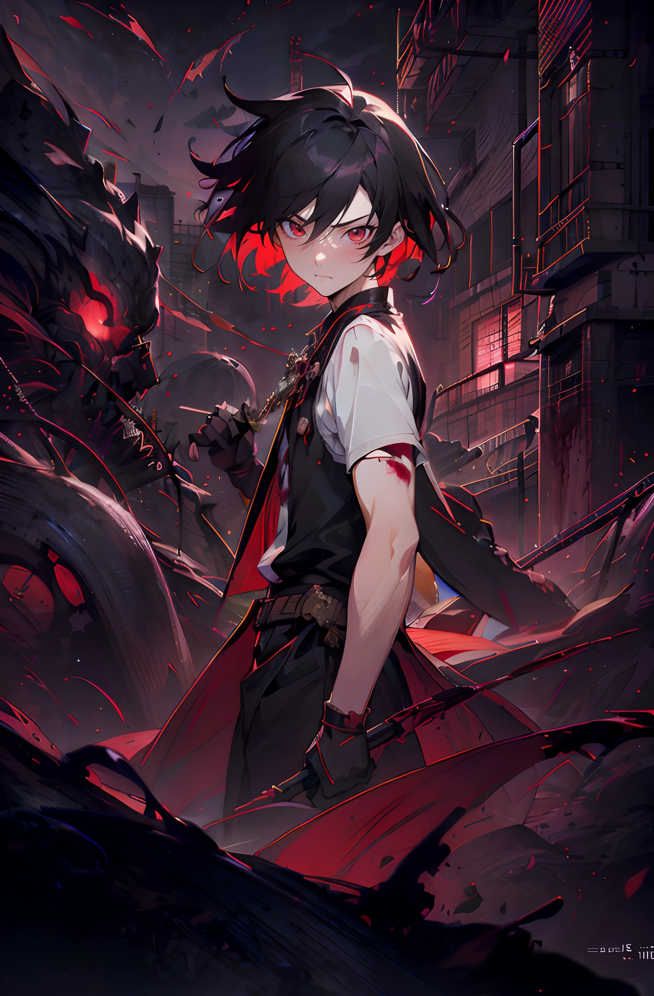 dark aura, hell, male, red eyes, bats, blood, black red hair, chain, spikes, experienced, tatoo, long parted bang