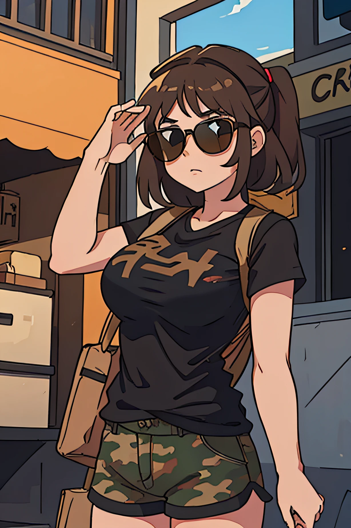 1girl,brown hair,plain black shirt,camo shorts, sunglasses on head,city,ultra HD, 8k,big boobs,