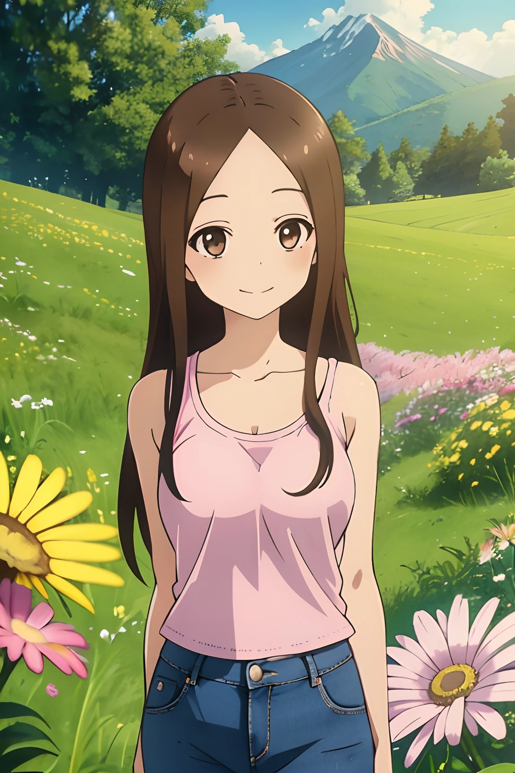 (Realistic),(Photorealistic),Takagi_San, 1girl in, Long hair,((White School Shirt)), Brown hair, Part bangs, Brown eyes,Pink tank top,large full breasts,cleavage of the breast,Light Blue Jeans Shorts,Pink Tank Top,Black sneakers,Forehead,Smile, Looking at Viewer,masutepiece,Full body, Best Quality, (Colorful),volumatic light, Ray tracing,the Extremely Detailed CG Unity 8K Wallpapers,Smile,((flying petal)),(Flowery meadow), Sunny,Sunshine, light, Fantasy, Windy, magic sparks, Trees, lake, mountainscape, ((Flowers)),field,