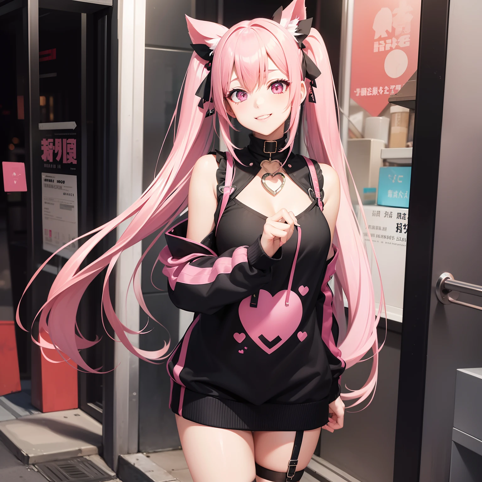 full body Esbian, masutepiece: 1.2, Highest Quality), (Live-action, elaborate details), (1 Lady, Solo, Upper body,) Clothing: Edgy, Black long jumper, pink miniskirt, long hair with pink twin tails,,,,,,,,、Avant-garde, Experimental appearance: Long pink twin tail hair 、Heart-shaped choker、The location: bustling city、Solo, Nice smile、Value Creation in Mixed Media Art: individuality, authenticity, Creative expression