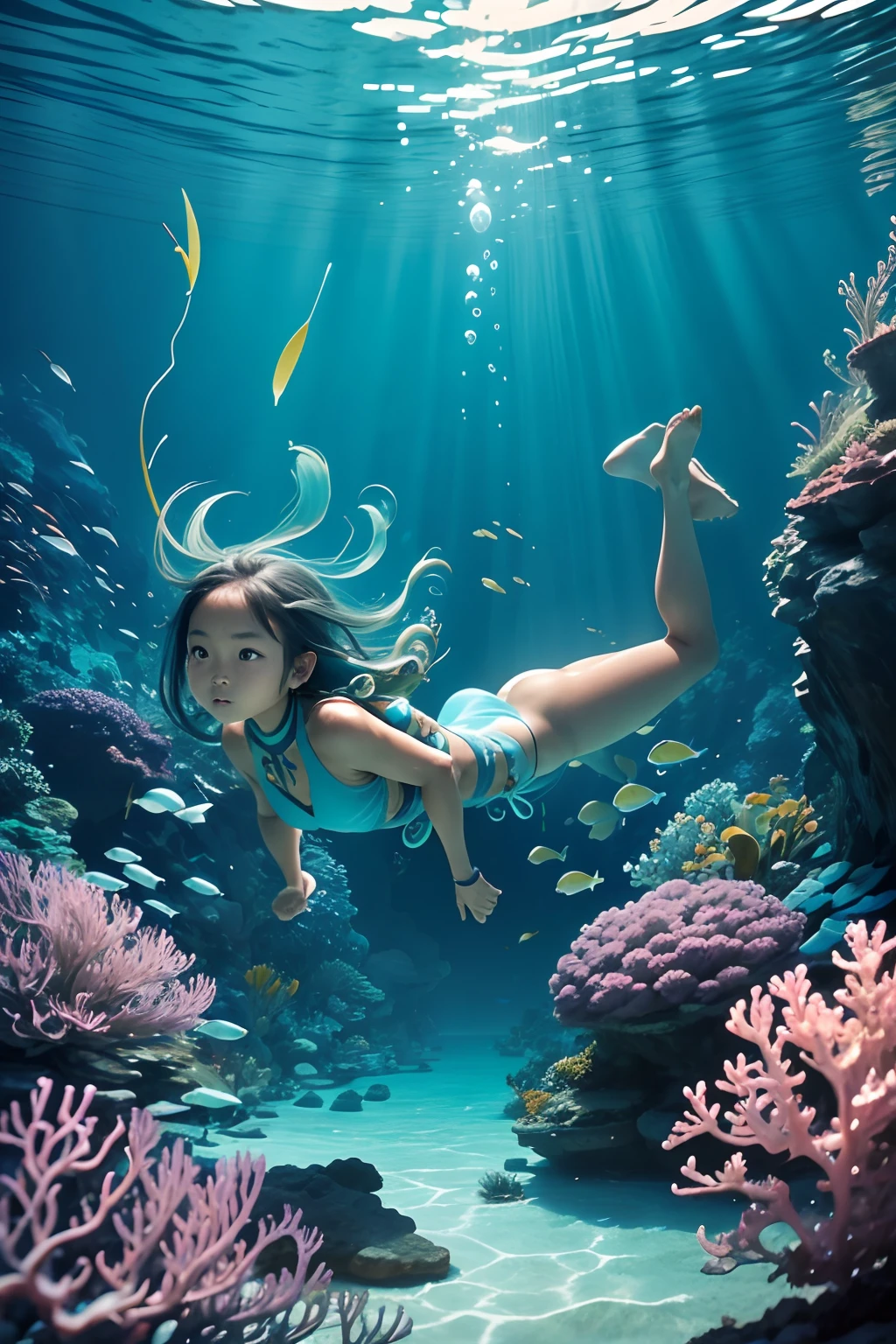 A Photograph of Bajau Laut, Southeast Asia: Capturing the nomadic life of the Bajau Laut people, this realistic professional and marketing photoshoot highlights their exceptional skill of free diving beneath the crystal-clear waters. The composition features a fierce and graceful diver effortlessly gliding through the turquoise depths, surrounded by a vibrant array of aquatic life. The color palette showcases vibrant blues and greens, drawing attention to the captivating underwater world and the rich culture of the Bajau Laut community, modern cloths