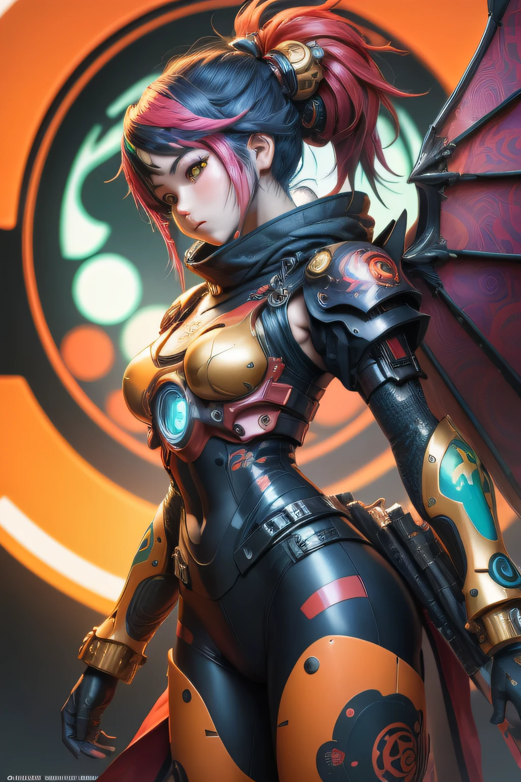 Cyber anime girl dragon warrior, in the style of complementary colours, animepunk,Hyperrealistic-influenced prints, japanese-influenced prints, UHD, close-up --niji 5 --ar 2:3 50 --s 2