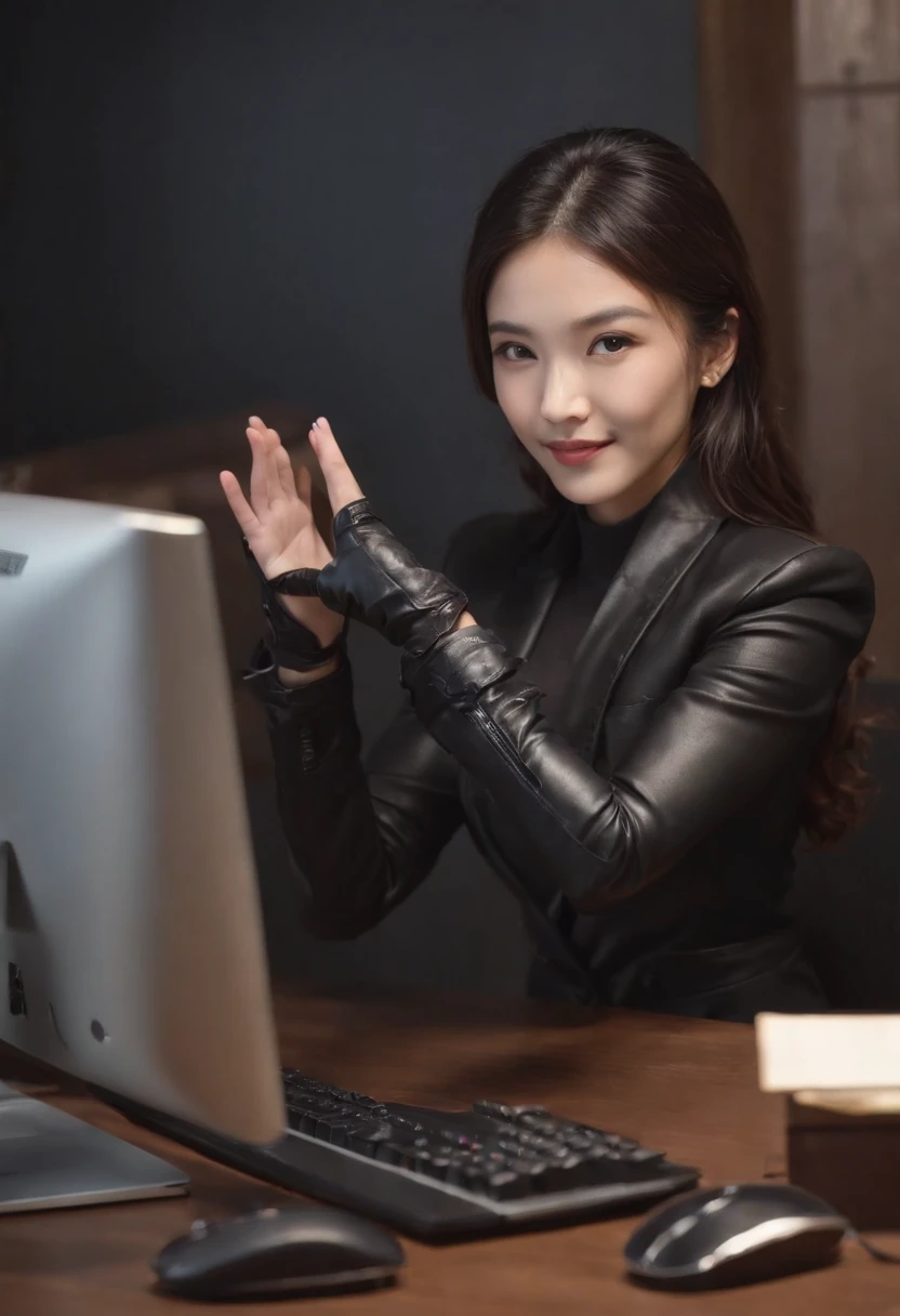 Wearing black leather gloves in both hands, upper body, black business suit, facing the desk in my room with a computer in the dark, looking down and smiling, operating the computer with the fingertips of black leather gloves, black hair bundled at the back for a long time, still young and very cute Japanese female new employee (black leather gloves cover both hands)