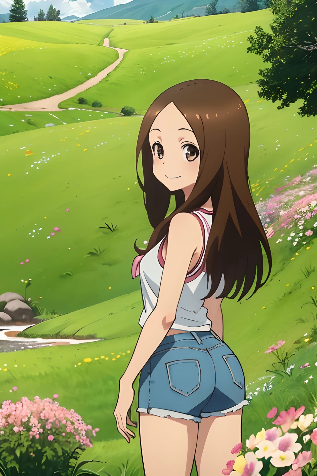 (Realistic),(Photorealistic),Takagi_San, 1girl in, Long hair,((White School Shirt)), Brown hair, Part bangs, Brown eyes,Pink tank top,large full breasts,cleavage of the breast,Light Blue Jeans Shorts,Pink tank top,Black sneakers,Forehead,Smile, Looking at Viewer,masutepiece,Big ass,Full body, Best Quality, (Colorful),volumatic light, Ray tracing,the Extremely Detailed CG Unity 8K Wallpapers,Smile,((flying petal)),(Flowery meadow), Sunny,Sunshine, light, Fantasy, Windy, magic sparks, Trees, lake, mountainscape, ((Flowers)),field,