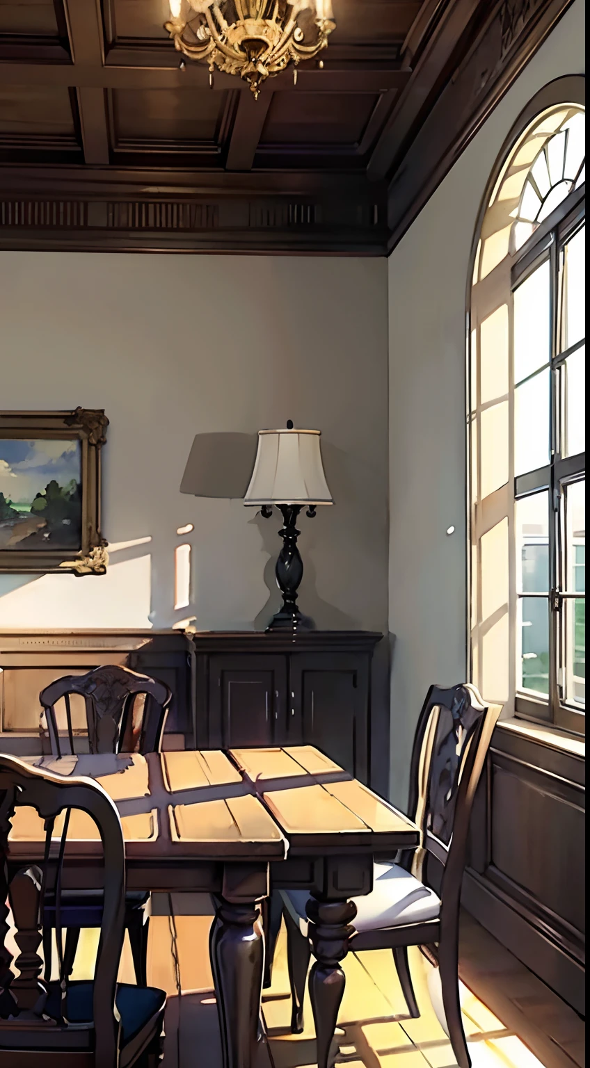 (Watercolor in Sargent style)、(top-quality、masterpiece)、Soft light、Dining room with table, Chairs and large windows, realistic fantasy render, Cinematic Rendering Unreal Engine,