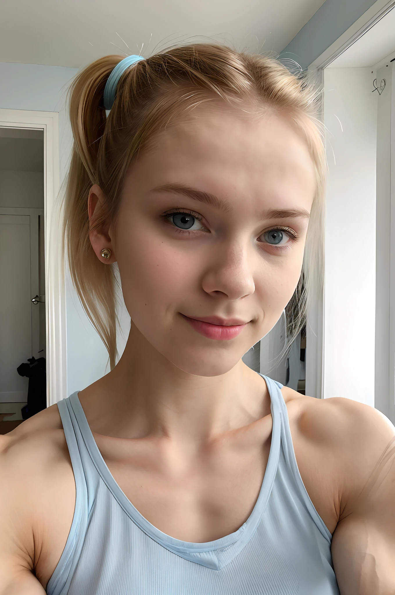 A young woman from Northern Europe, , light blue eyes, happy, cute face, albino skin, brown hair, ponytail haircut, eyeliner, thin nose, wearing a neckline, room in the background,  selfie,  selfie quality