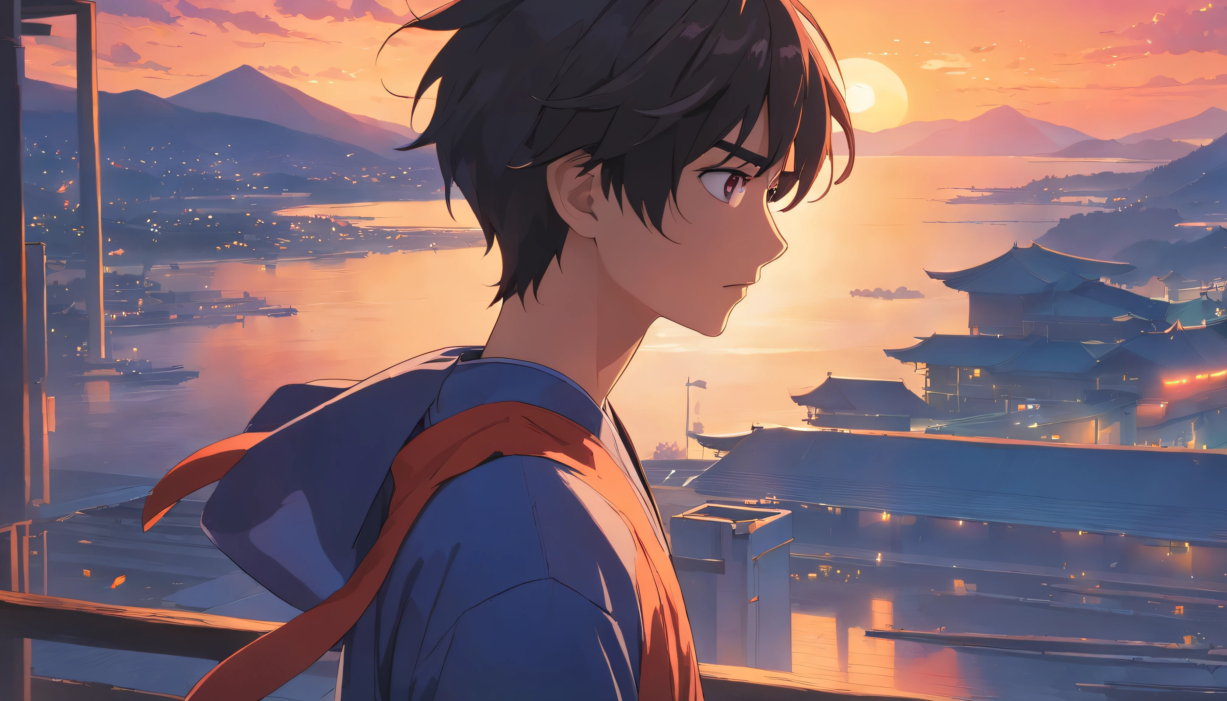 (Male: 1.1), black eyes, profile, oriental beauty, (masterpiece), best quality, Anime, merge, colorful, vibrant colors, illustration, artstyle, fantasy, realistic, animation, (photo_(medium):1.0 ), by Antonio J. Manzanedo, by Jeremy Lipking, lightning, in surreal landscapes, smooth, sharp focus