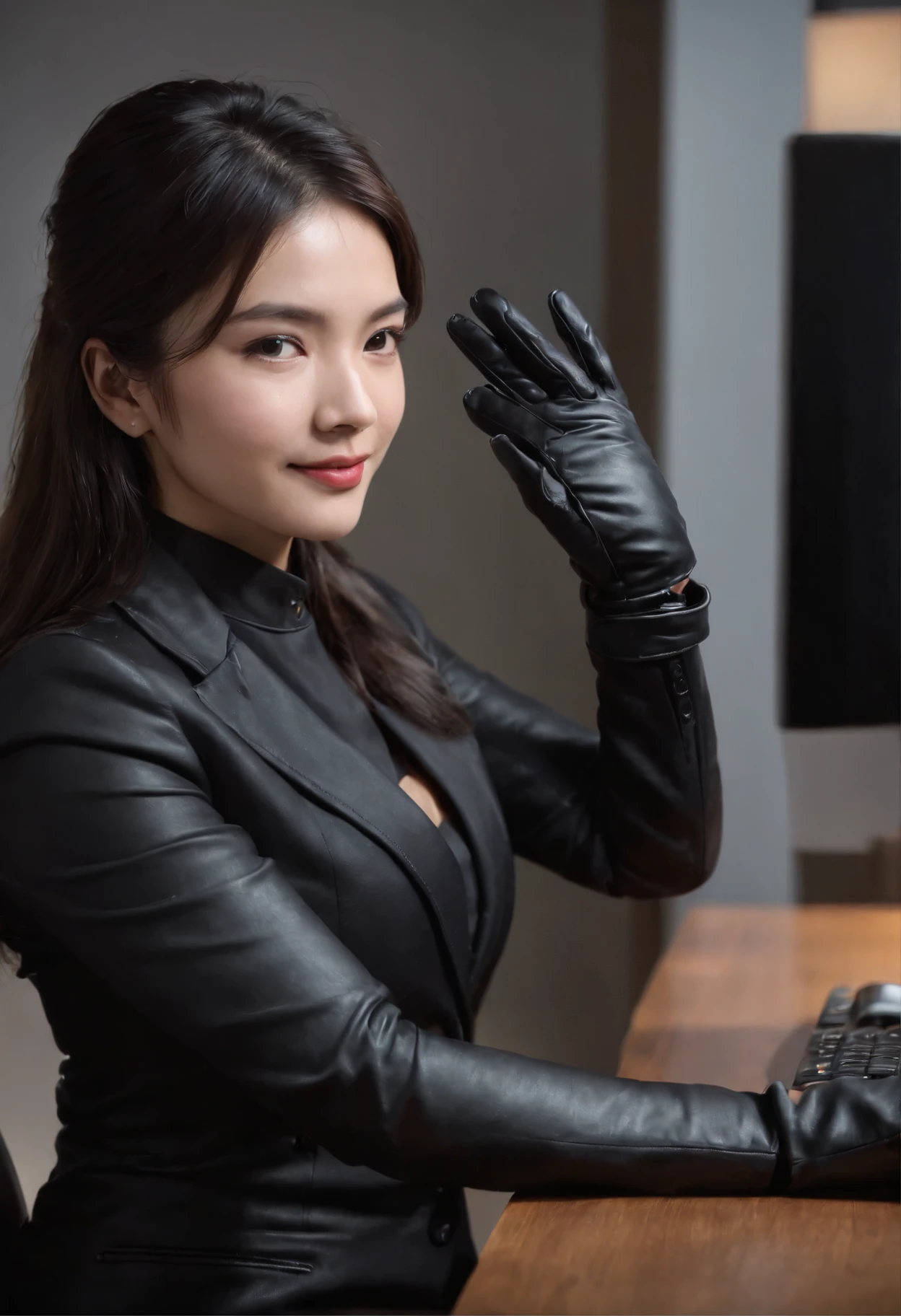 Wearing black leather gloves in both hands, upper body, black business suit, facing the desk in my room with a computer in the dark, smiling, operating while looking at the screen with the fingertips of black leather gloves, black hair bundled in the back for a long time, Japanese female new employee with a young and very cute face (black leather gloves cover both hands)