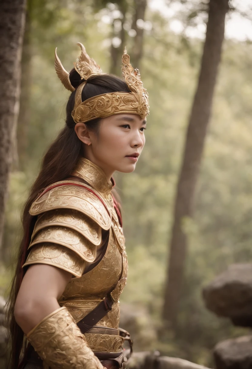 (master part, melhores detalhes), mytical creature, Dom Wukong, cabelos dourados, use golden circle, wear traditional clothing armor, segurando o cajado apoiado em seu ombro