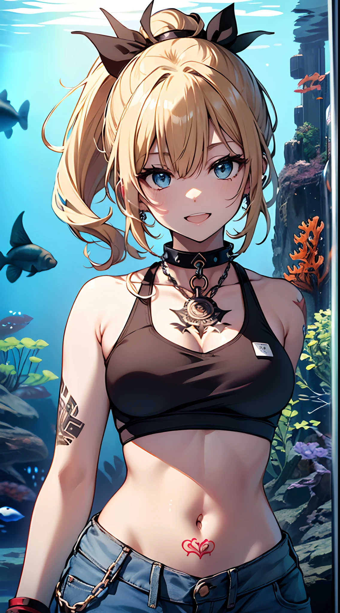 top-quality、Top image quality、​masterpiece、girl with((18year old、tatteredclothing、Black Navel Tank Top、White pants、Best Bust、Bust 85、a blond、disheveled ponytail、Blue eyes、open chest wide、Happiness、Chain Accessories、Black wristband on wrist、Pointing over there)）hiquality、visualart、Background with((Beautiful aquarium))、masutepiece、Tattoo on the chest