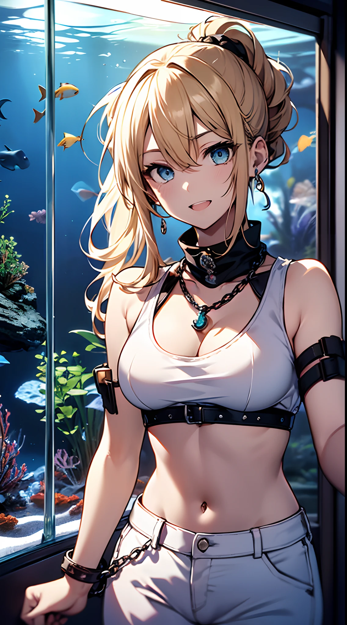 top-quality、Top image quality、​masterpiece、girl with((18year old、tatteredclothing、Black Navel Tank Top、White pants、Best Bust、Bust 85、a blond、disheveled ponytail、Blue eyes、open chest wide、Happiness、Chain Accessories、Black wristband on wrist、Pointing over there)）hiquality、visualart、Background with((Beautiful aquarium))、masutepiece