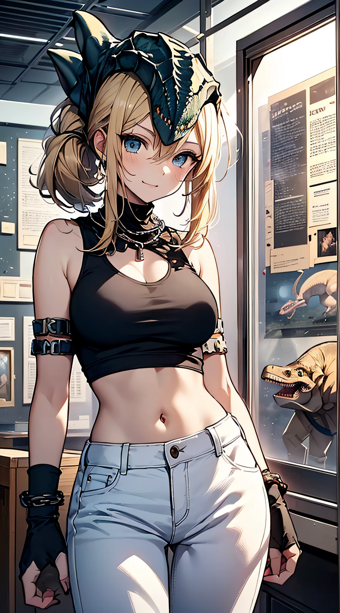 top-quality、Top image quality、​masterpiece、girl with((18year old、tatteredclothing、Black Navel Tank Top、White pants、Best Bust、Bust 85、a blond、disheveled ponytail、Blue eyes、open chest wide、Happiness、Chain Accessories、Black wristband on wrist、Point to the viewer)）hiquality、visualart、Background with((immensity、Dinosaur Museum))、masutepiece