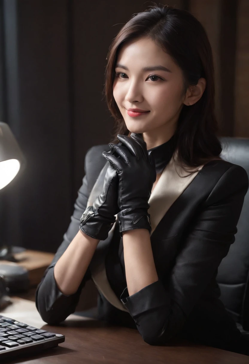 Wearing black leather gloves in both hands, upper body, black business suit, facing the desk in my room with a computer in the dark, looking down and smiling, operating the computer with the fingertips of black leather gloves, black hair bundled at the back for a long time, still young and very cute Japanese female new employee (black leather gloves cover both hands)