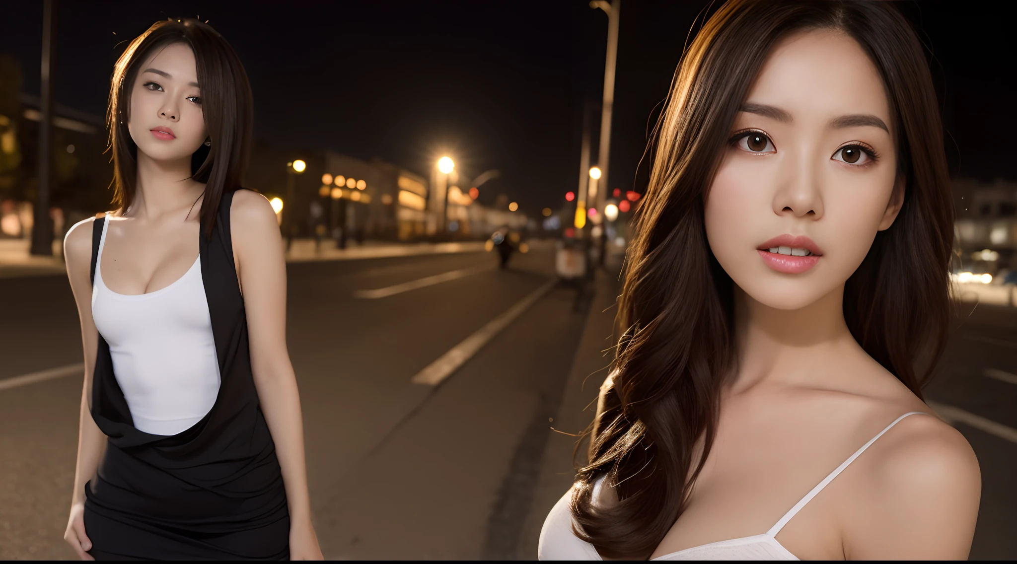 ((realistic illumination, best qualtiy, 8K, tmasterpiece: 1.3)), Light focus: 1.2, 1个Giant Breast Girl, solo,perfect bodies: 1.4, Slim abs: 1.1, (dark brown hair)), (White crop top top: 1.4), (exteriors, during night: 1.1), the city street, Super slim face, Thin eyes, 二重まぶた, Full fitness body, Geek twerk style cosplay dress, Elegant features on the breast, Physical characteristics of the perfect role-playing model, Sexy traits in evidence, Geek tight and sexy fashion outfits,Perfect facial and body details and features