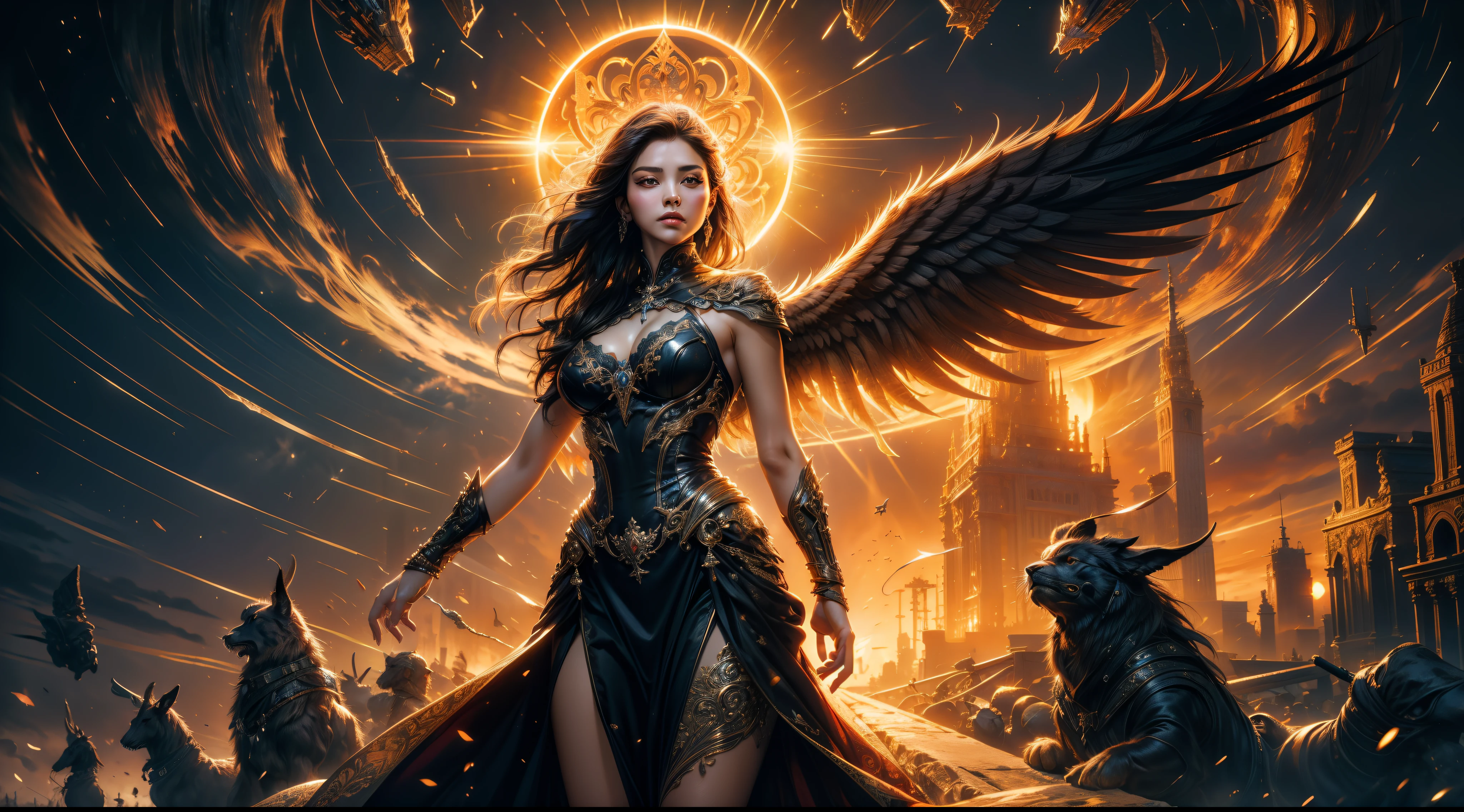 tmasterpiece,top-quality,best qualityer,offcial art,Beauty and aesthetics:1.2),(tmasterpiece:1.3), (8K, realisticlying, RAW photos, best qualtiy: 1.4), beauitful face, (photorealiscic face),超高分辨率, Ultra photo realsisim, highly detailed, the golden ratio, (Award-winning digital artwork:1.3) af (sketching:1.3),(with dynamism:1.3),(Saturation:1.3),(Cowboy shot:1.3),illusory engine, (High detail: 1.9),(femele:1.4),(big breasts beautiful: 1.4),(carismatic:1.3),Female angel,Large breasts,Raised sexy,complex patterns,Glowing Bible,mystic symbols,The background is a cross,Starcloud,solar eclipse,extreme light