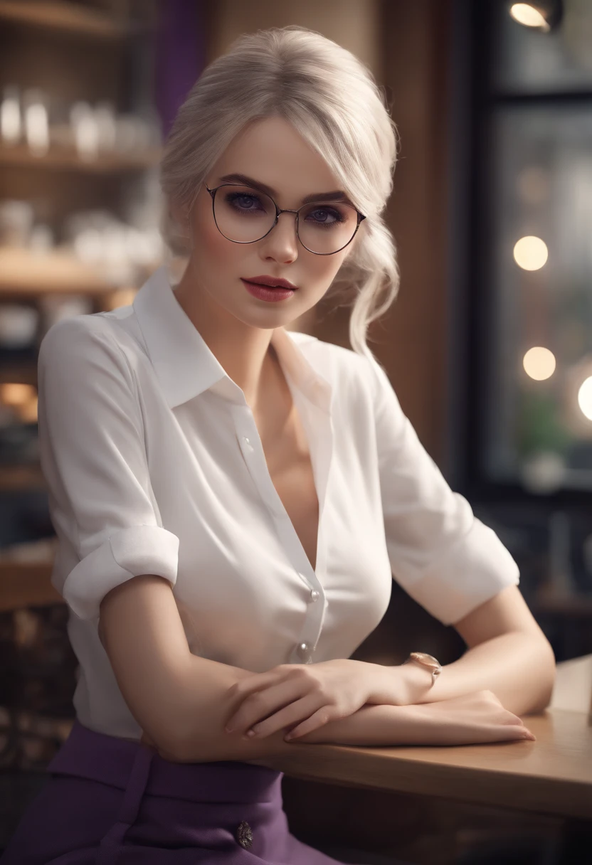 At best....., high-detail, master-piece, ultra-detail, (Realistic:1.2), 1girls, ( Cafe Background),, delicate eyes, silver-haired, purple eyes, Hair ornaments, (Clear Buttons White Tight Office Shirt:1.3),Hair length, light_ear, diadem_braid, expressionless, straight hair, (++ Seated: 1.2), large boobs,lifelike,soft colors,Wear glasses