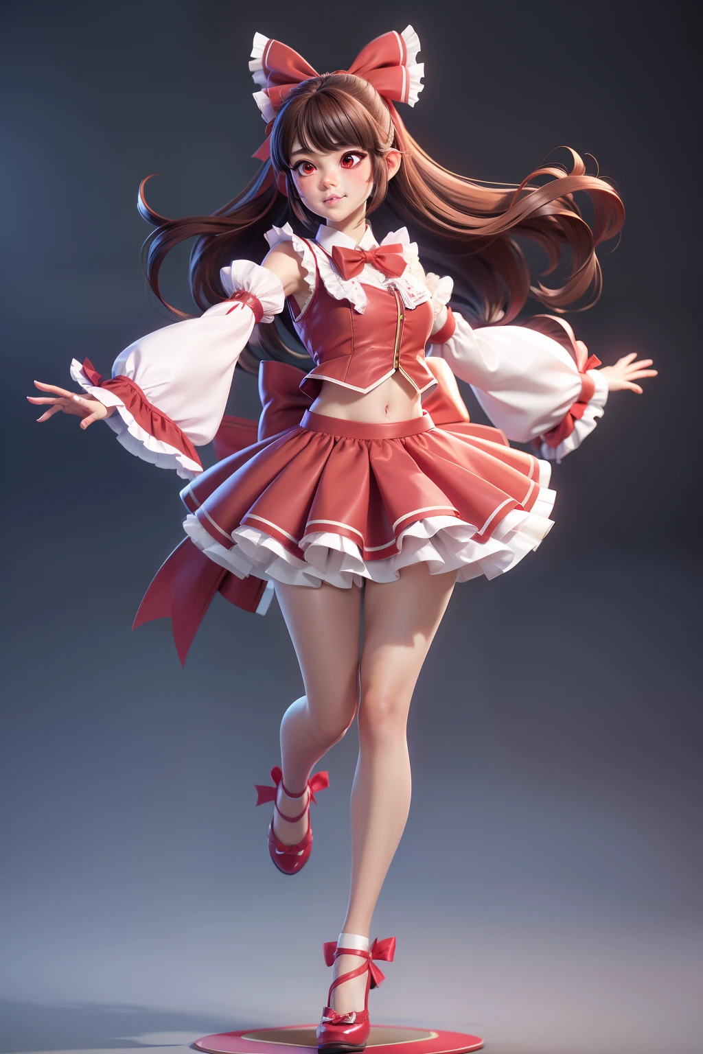 1girl, solo, bow, long hair, hakurei reimu, dancing, sunlight, skirt, detached sleeves, hair tubes, hair bow, brown hair, torii, red bow, navel, wide sleeves, red skirt, frills, red eyes, looking at viewer, long sleeves, midriff, ribbon-trimmed sleeves, skirt set, frilled skirt, ribbon trim, yellow bowtie, shirt, ribbon, yellow bow, bowtie, simple background, frilled bow, blush, frilled shirt collar, standing, collarbone, parted lips, petticoat, red shirt, sidelocks, multiple torii, vest, midriff peek, bangs, floating hair, full body, zbrush, blender render