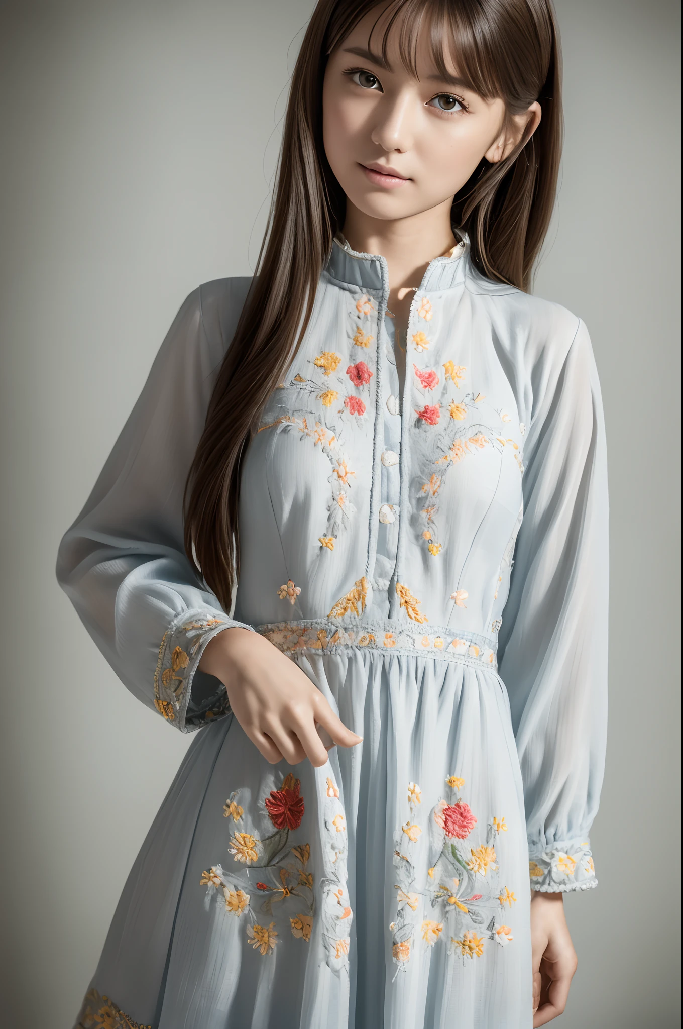 (Masterpiece:1.3), (8K, Photorealistic, Raw photography, Best Quality:1.4), (1girl), Beautiful face, Realistic face, (Detailed face), Beautiful hairstyle, (Detailed hair), Realistic eyes, (Detailed eyes), Beautiful details, Realistic skin, (Detailed skin), Beautiful skin, Attractive, Ultra high definition, A hyper-realistic, Very detailed, (medium breasts:0.5), Japanese beauty, (slim figure),
(walking runway, arafed woman in a Ukrainian folk costumes, richly decorated costumes, intricate embroidery, white as the main color ),
cute young Japanese girl, pretty young Japanese girl, (gray gradation background)