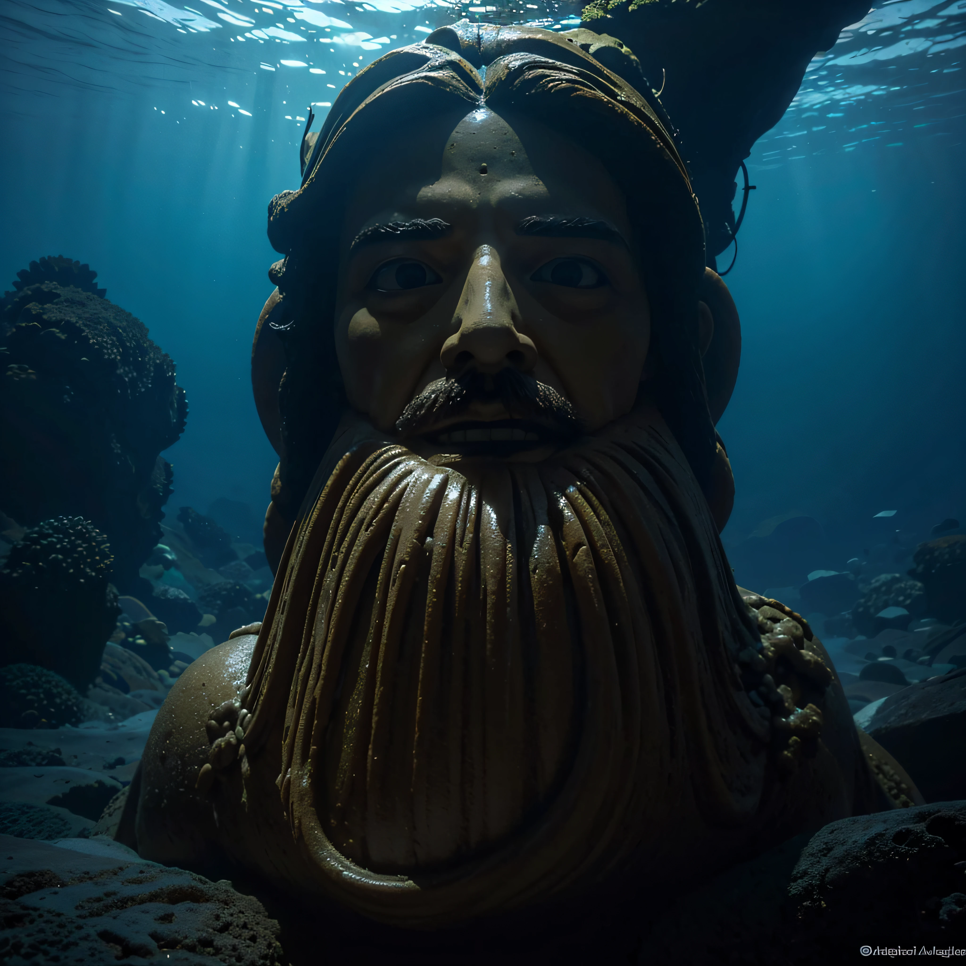 (extremadamente detallado, obra maestra, La mejor calidad, Under the Ocean), Estilo oscuro, volumetric illumination. textura de babosa, piel de caracol. ahogados flotando de fondo. Rococo composition.